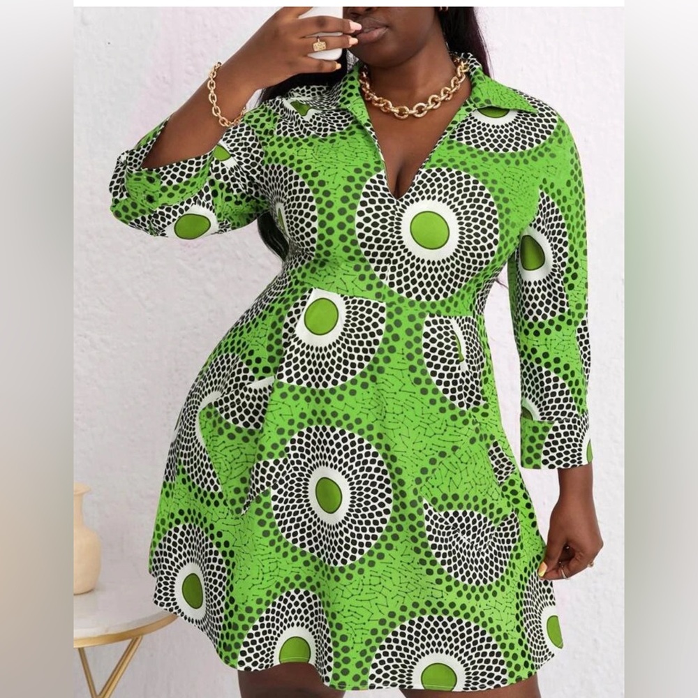 SHEIN Green Black Retro Print Dress Size 14 (1XL)